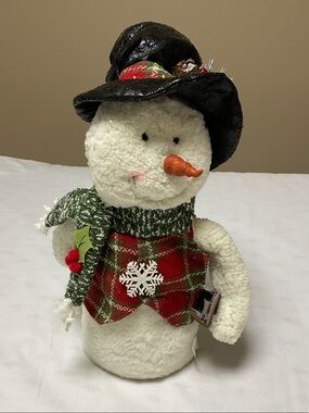17” Plush Snowman Holiday Figure with Black Hat and Red Plaid Vest.